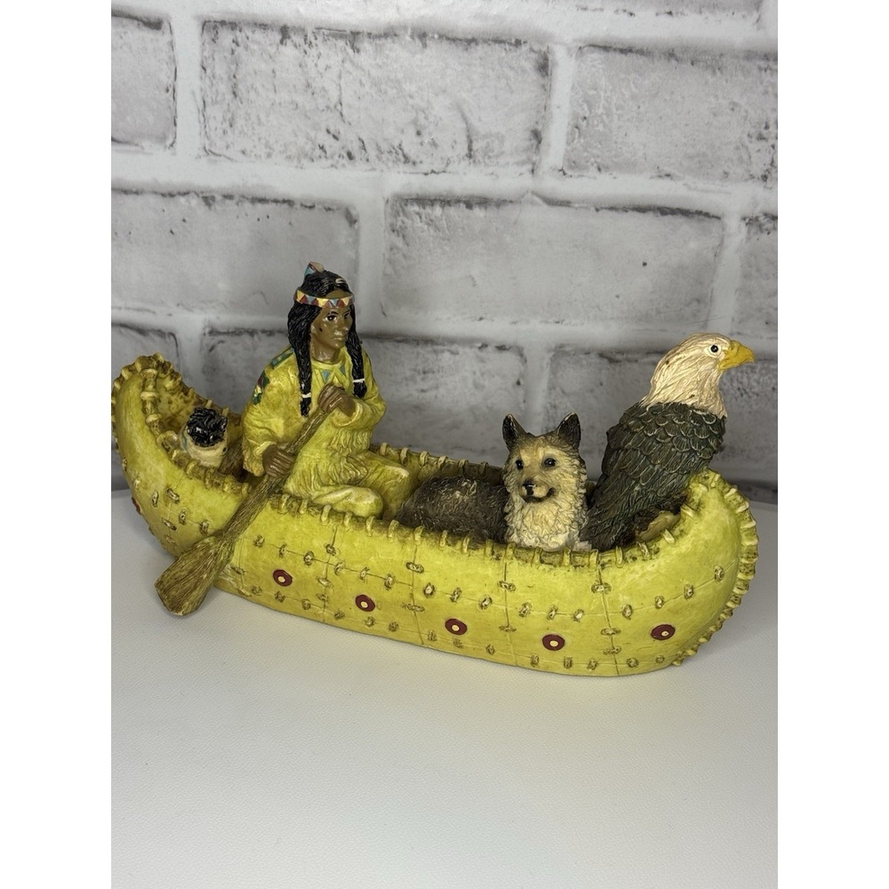 Native American Indian In Canoe Wolf And Bald Eagle Resin Sculpture Young's